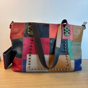 Amerileather Donovan Multicolor Patchwork Leather Tote Bag.